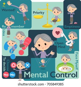 Set of various poses of Purple clothes grandmother_Mental & volition
