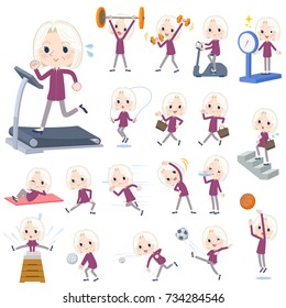 Set of various poses of purple shirt old women White_Sports & exercise