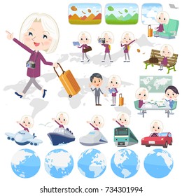 Set of various poses of purple shirt old women White_travel
