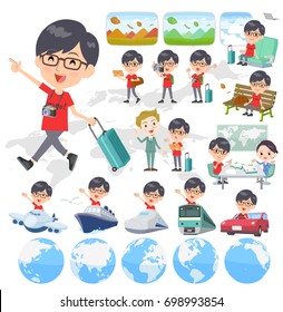 Set of various poses of red Tshirt Glasse men_travel