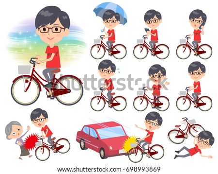 Set of various poses of red Tshirt Glasse men_city bicycle