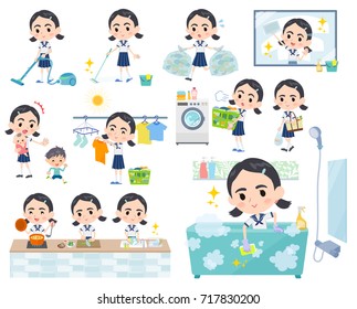Set of various poses of Sailor suit Thick eyebrows girl_Housekeeping