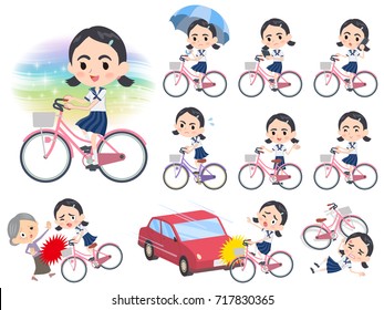 Set of various poses of Sailor suit Thick eyebrows girl_city bicycle