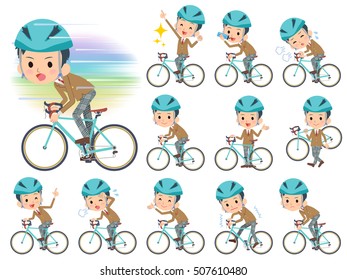 Set of various poses of school boy Brown Blazer on rode bicycle
