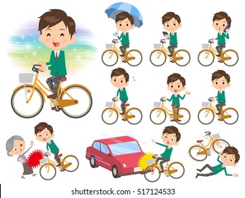 Set of various poses of school boy Green Blazer ride on city bicycle