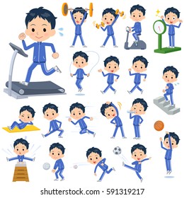 Set of various poses of school boy blue jersey Sports & exercise