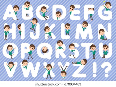 Set of various poses of school boy Green Blazer A to Z