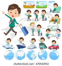 Set of various poses of school boy Green Blazer travel