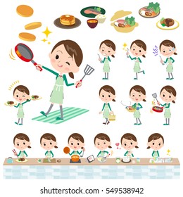 Set of various poses of school girl Green Blazer cooking