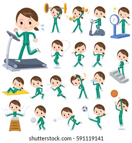 Set of various poses of school girl Green jersey Sports & exercise