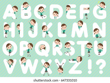 Set of various poses of school girl Green Blazer woman A to Z