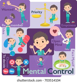 Set of various poses of surgical operation green wear men_Mental & volition