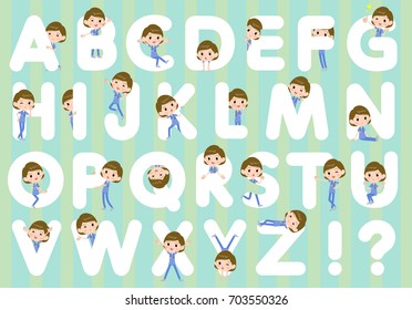 Set of various poses of surgical operation blue wear women_A to Z