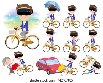 Set of various poses of virtual reality goggle men_city bicycle