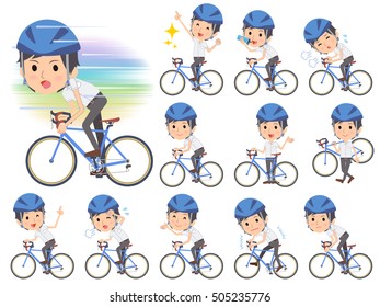 Set of various poses of White short sleeved shirt business men on rode bicycle