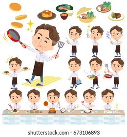 Set of various poses of wild Middle aged man cooking