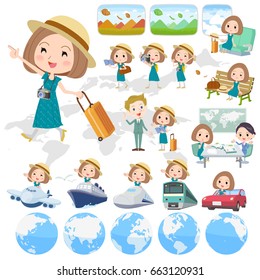 Set of various poses of woman in a green dress with a bob hair cut, travel theme