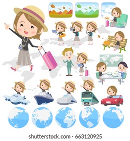 Set of various poses of woman high necked with short black hair, travel theme