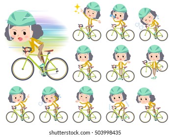 Set of various poses of Yellow jacket Middle woman ride on rode bicycle