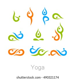 Set with various poses of yoga. Yoga exercises.  Design for Yoga class, yoga center, yoga studio, yoga logo. Vector set of yoga illustration.