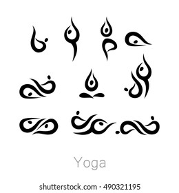 Set with various poses of yoga. Yoga exercises.  Design for Yoga class, yoga center, yoga studio, yoga logo. Vector set of yoga illustration.
