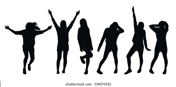 Set of various poses of a young girl - black silhouettes on white background