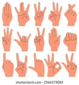 Set of various positions hand gestures vector illustration, hand gesture vector, concept of communication, expressionson and non verbal vector illustration isolated on a white background