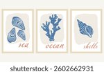 Set of various posters with sea shell, oysters and coral. Aquarium plants. Underwater reef and ocean plants 