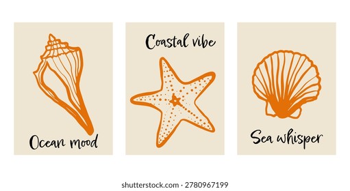 Set of various posters with sea shells and starfish in hand drawn line art style. Coastal illustration  Underwater reef and ocean life. 