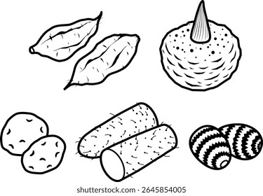 Um conjunto de vários ícones de batatas isolados no fundo branco