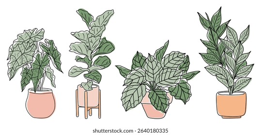 Set of various potted houseplants in colorful sketch style. Indoor plant illustrations isolated on white, perfect for home decor, botanical designs, gardening, and eco-themed projects