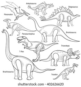 Set of various prehistoric animals dinosaurs. Graphic vector illustration on a white background. Isolated natural objects with inscriptions. Black and white graphics.