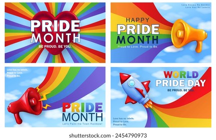 Set of various Pride Month banners with 3d cartoon rocket, realistic megaphone, heart and bright rainbows in the blue pure sky. Template of trendy horizontal greeting cards with LGBTQ+ rainbow flag