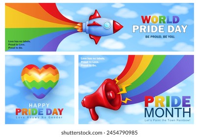 Set of various Pride Month banners with 3d cartoon rocket, realistic megaphone, heart and bright rainbows in the blue pure sky. Template of trendy greeting cards, posters with LGBTQ+ rainbow flags