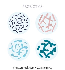 Conjunto de varios probióticos, bacteriotipos, bifidobacterias. Microorganismos vivos que ayudan a normalizar el funcionamiento del organismo. Los probióticos tienen un efecto positivo sobre el sistema inmunitario. ilustración vectorial