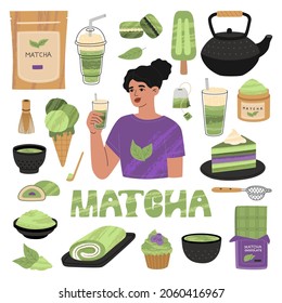 Set of various products made from matcha tea. Biscuits, ice cream, latte, chocolate. Utensils and accessories for ceremony. Girl holds a drink. Hand drawn vector illustration. Flat cartoon style.
