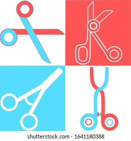 Set of various professional Scissors. Surgical Instrument, Medical clamp, hairstyle scissors icon. Medical equipment. Collection of different scissors models.