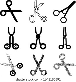 Set of various professional Scissors. Surgical Instrument, Medical clamp, hairstyle scissors icon. Medical equipment. Collection of different scissors models.