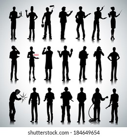 Set of various professions people silhouettes on abstract background