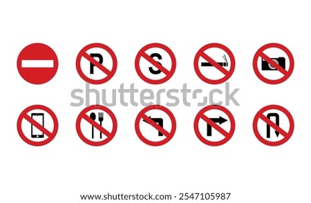 A set of various prohibition signs including no parking, no smoking, no phone, and traffic restrictions in red circle icons.