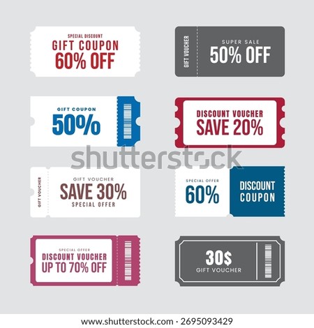 Set of various promotion coupon design. Discount coupon, gift voucher, ticket card, special coupon template. Vector illustration