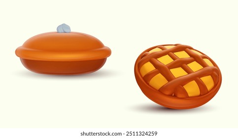 Set various pumpkin pie. Traditional celebration baking food in cartoon 3d style. Vector illustration.