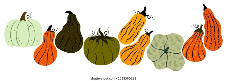 Conjunto de varias Ilustraciones vectoriales de calabaza en estilo funky groovy de dibujos animados. Colección de diferentes calabazas de Formas. Cosecha de otoño de calabaza plana de color lindo, otoño