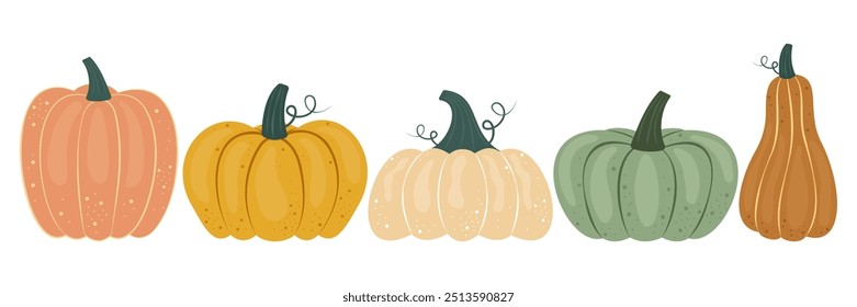 Conjunto de varias Ilustraciones vectoriales de calabaza en estilo funky groovy de dibujos animados. Colección de diferentes calabazas de Formas. Cosecha de otoño de calabaza plana de color lindo, otoño