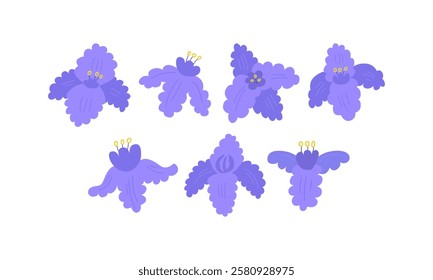 Set of various purple flowers. Vector flat illustration of iris flower buds. Botanical hand drawn floral clipart