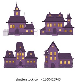 Set of various purple haunted houses, vector graphic illustration. Collection of different cartoon halloween building with light yellow windows isolated on white background