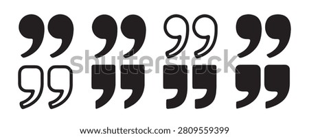 Set of various quotation mark shapes for text design. Black punctuation symbols for grammar and literature.