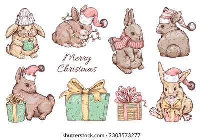 Set of various rabbits in hats with gift boxes sketch style, vector illustration isolated on white background. Merry Christmas, cute holiday animals, design elements collection