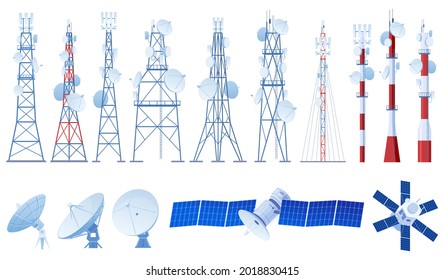 Un conjunto de varias torres de radio, antenas, satélites. 5G. Internet, señal de radio. Ilustración del vector