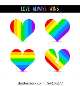 Set of various rainbow hearts symbols isolated on white background.  Vector illustration for your graphic design.